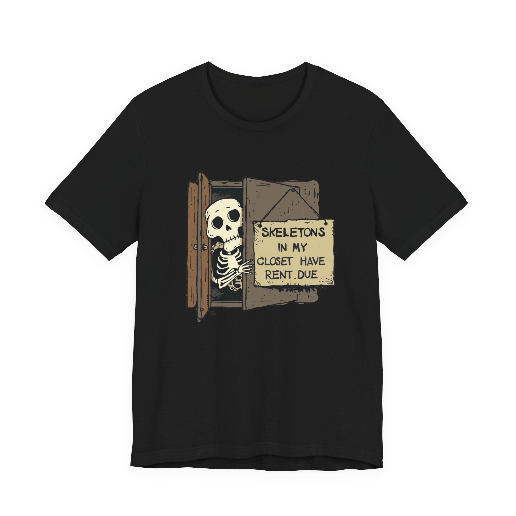 Skeletons in My Closet Tee | Funny Unisex Jersey Short Sleeve Shirt for Halloween, Casual Wear, Gift for Friends, Quirky Humor