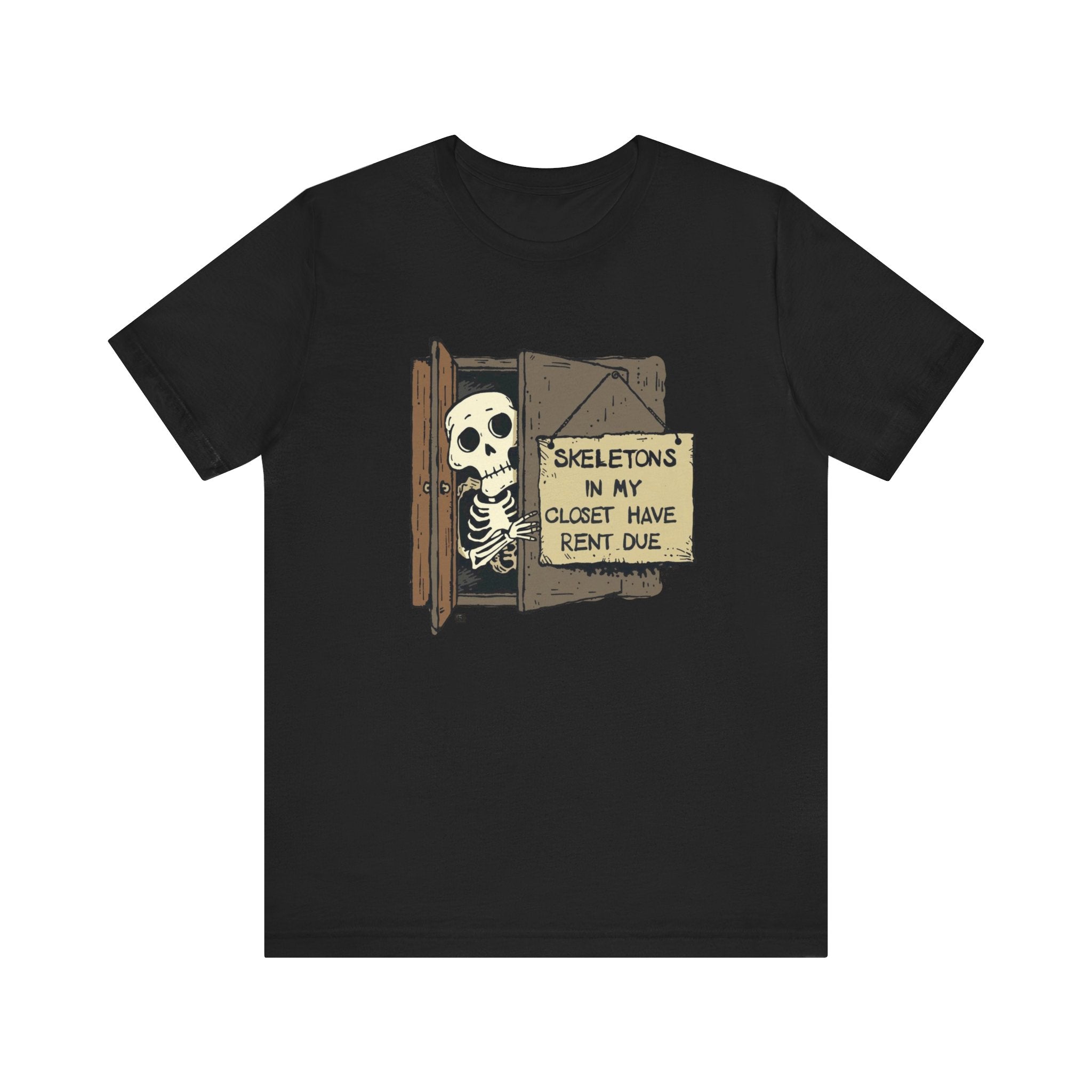 Skeletons in My Closet Tee | Funny Unisex Jersey Short Sleeve Shirt for Halloween, Casual Wear, Gift for Friends, Quirky Humor
