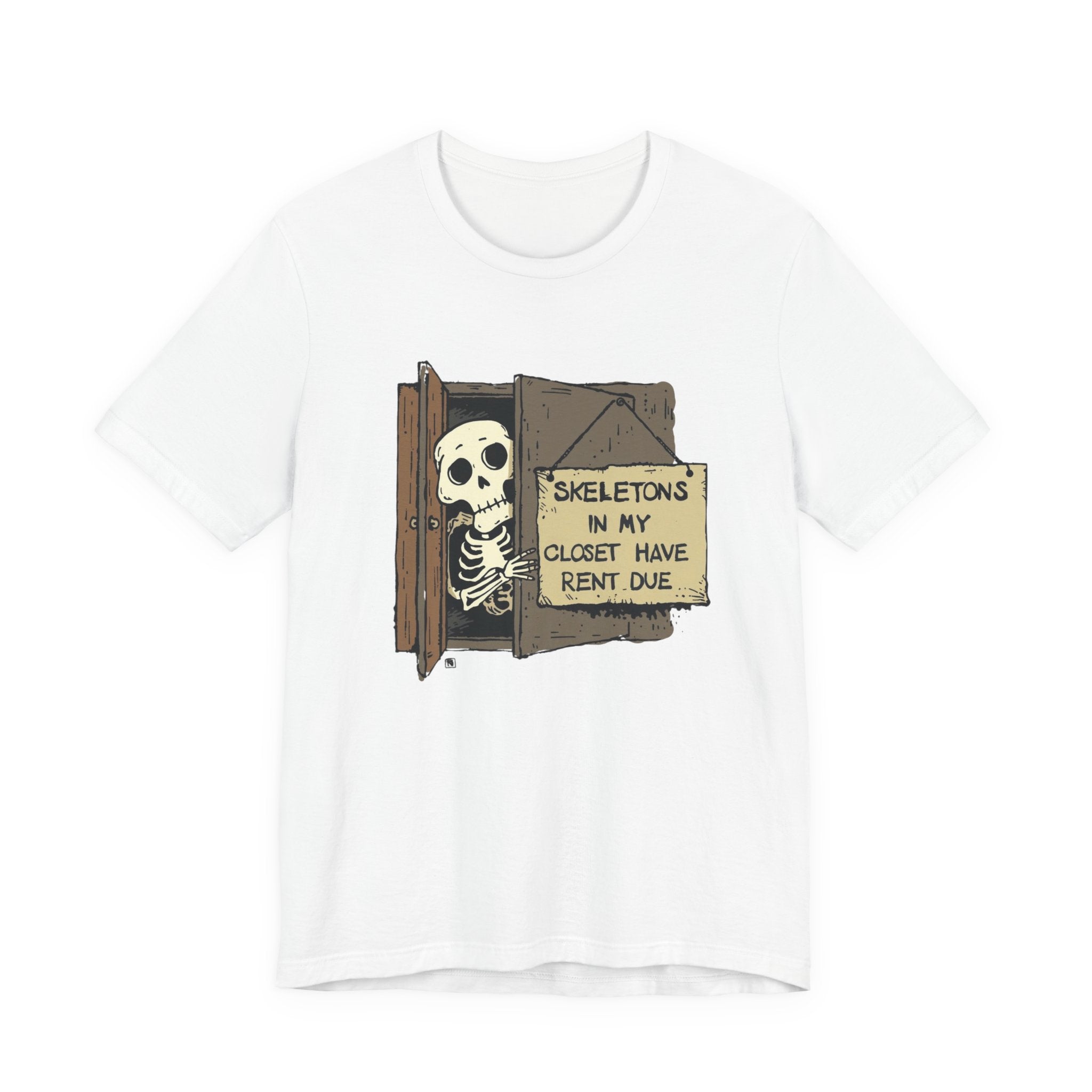 Skeletons in My Closet Tee | Funny Unisex Jersey Short Sleeve Shirt for Halloween, Casual Wear, Gift for Friends, Quirky Humor