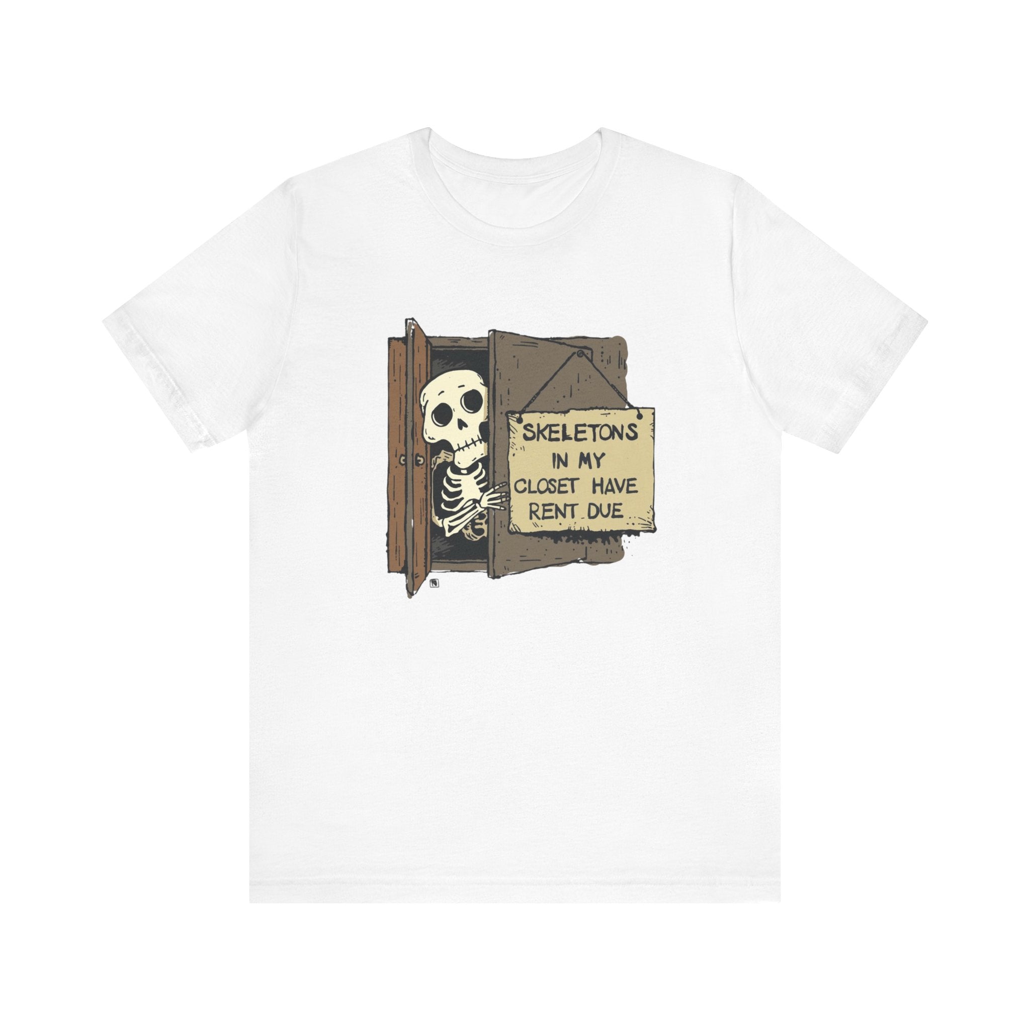 Skeletons in My Closet Tee | Funny Unisex Jersey Short Sleeve Shirt for Halloween, Casual Wear, Gift for Friends, Quirky Humor