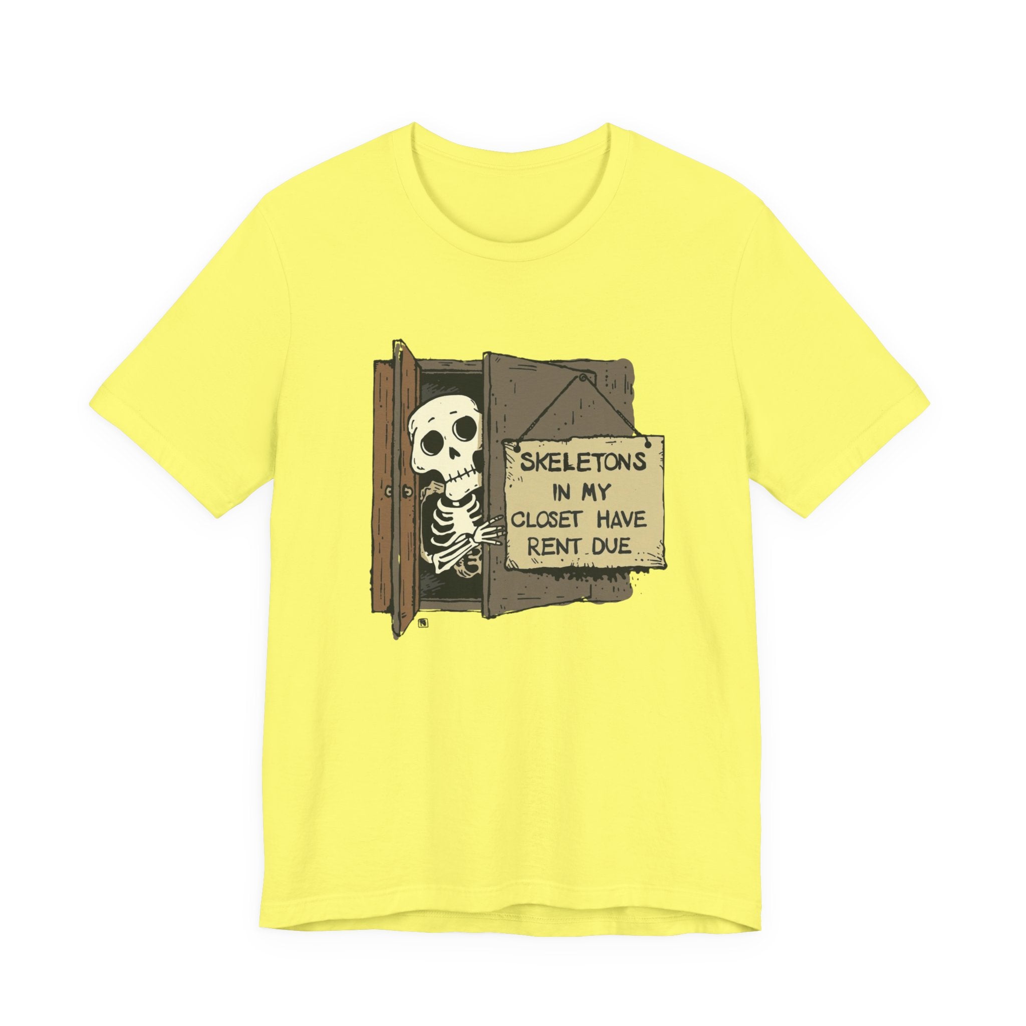 Skeletons in My Closet Tee | Funny Unisex Jersey Short Sleeve Shirt for Halloween, Casual Wear, Gift for Friends, Quirky Humor