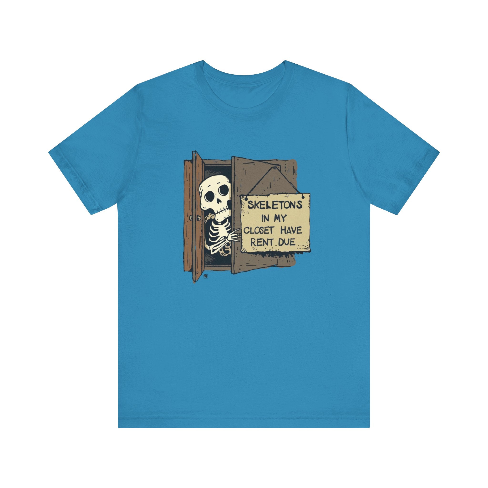 Skeletons in My Closet Tee | Funny Unisex Jersey Short Sleeve Shirt for Halloween, Casual Wear, Gift for Friends, Quirky Humor