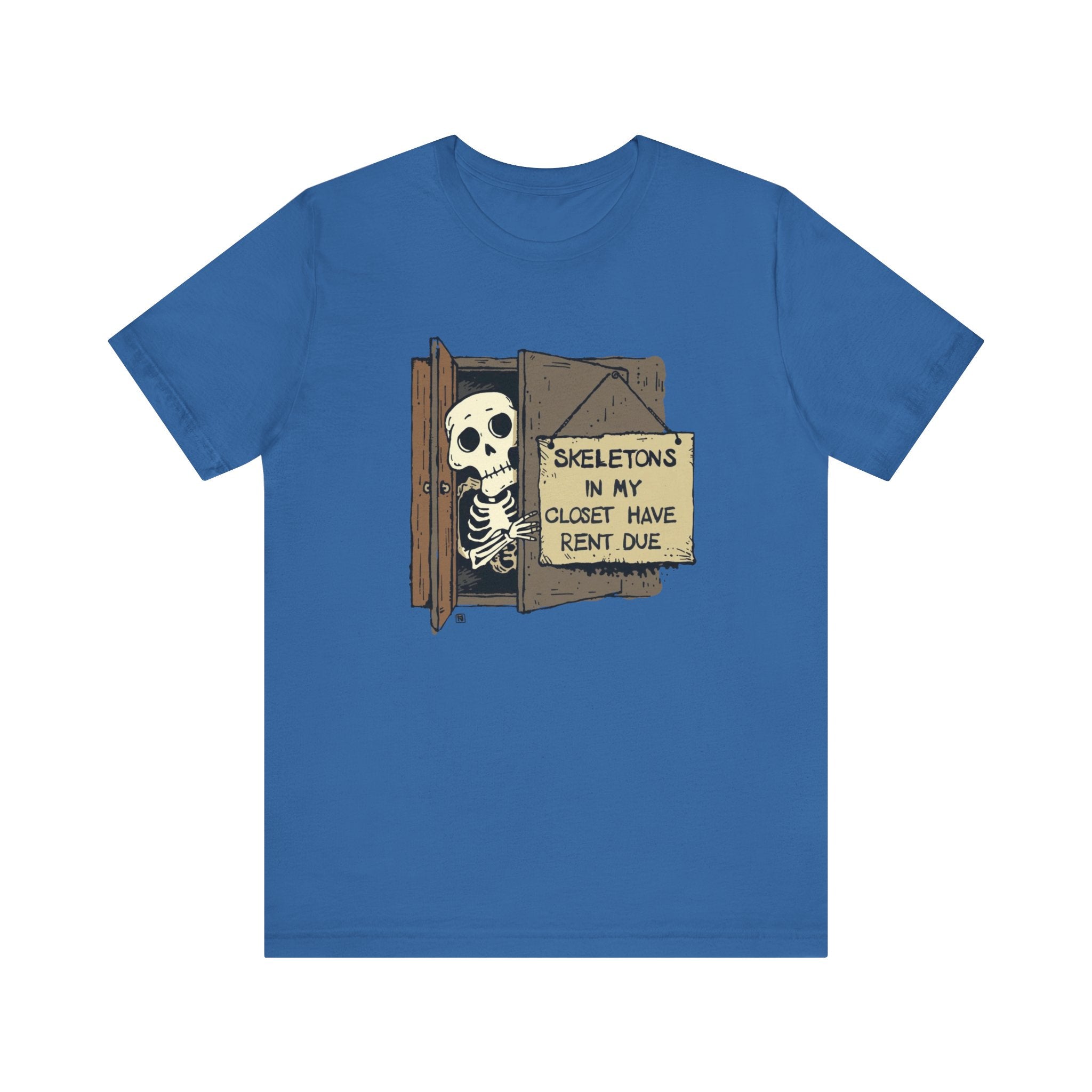Skeletons in My Closet Tee | Funny Unisex Jersey Short Sleeve Shirt for Halloween, Casual Wear, Gift for Friends, Quirky Humor