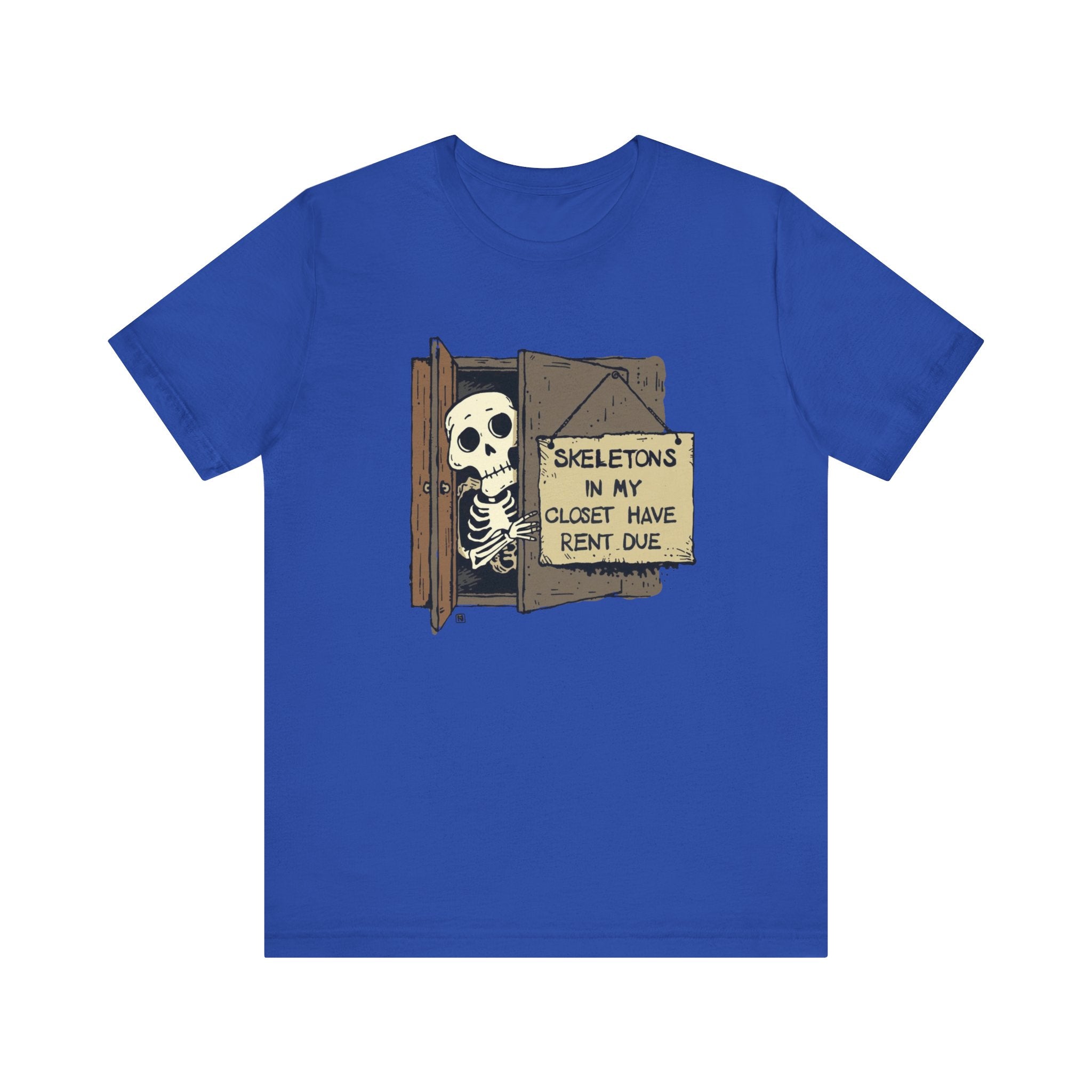 Skeletons in My Closet Tee | Funny Unisex Jersey Short Sleeve Shirt for Halloween, Casual Wear, Gift for Friends, Quirky Humor