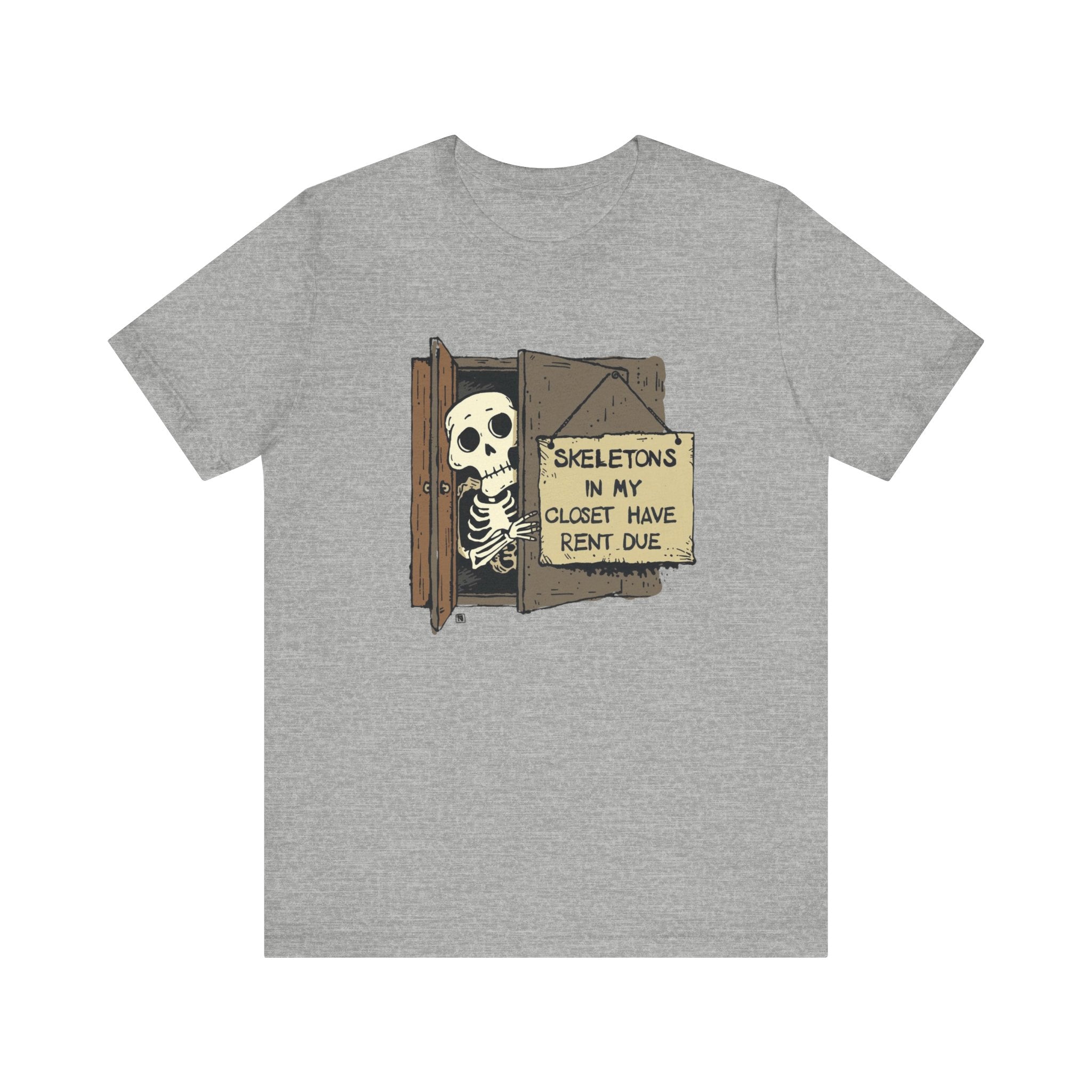 Skeletons in My Closet Tee | Funny Unisex Jersey Short Sleeve Shirt for Halloween, Casual Wear, Gift for Friends, Quirky Humor