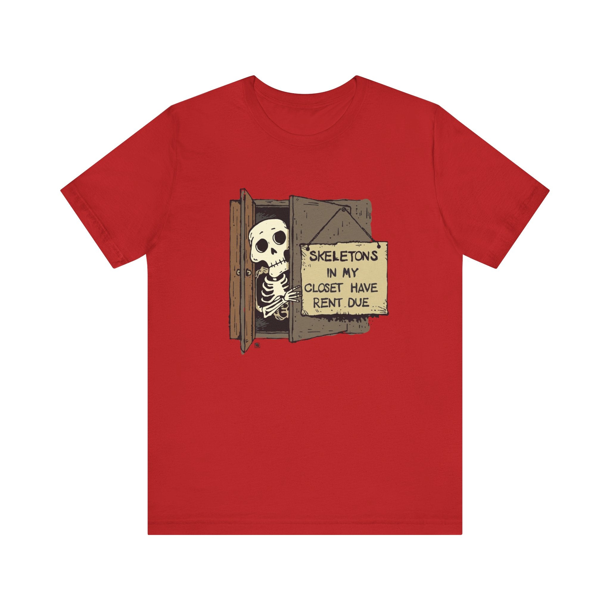 Skeletons in My Closet Tee | Funny Unisex Jersey Short Sleeve Shirt for Halloween, Casual Wear, Gift for Friends, Quirky Humor