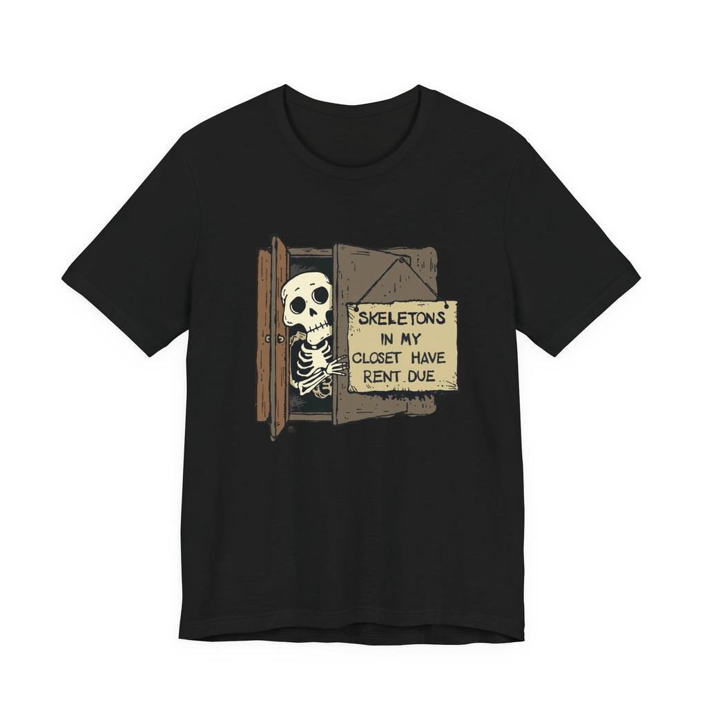 Skeletons in My Closet Tee | Funny Unisex Jersey Short Sleeve Shirt for Halloween, Casual Wear, Gift for Friends, Quirky Humor