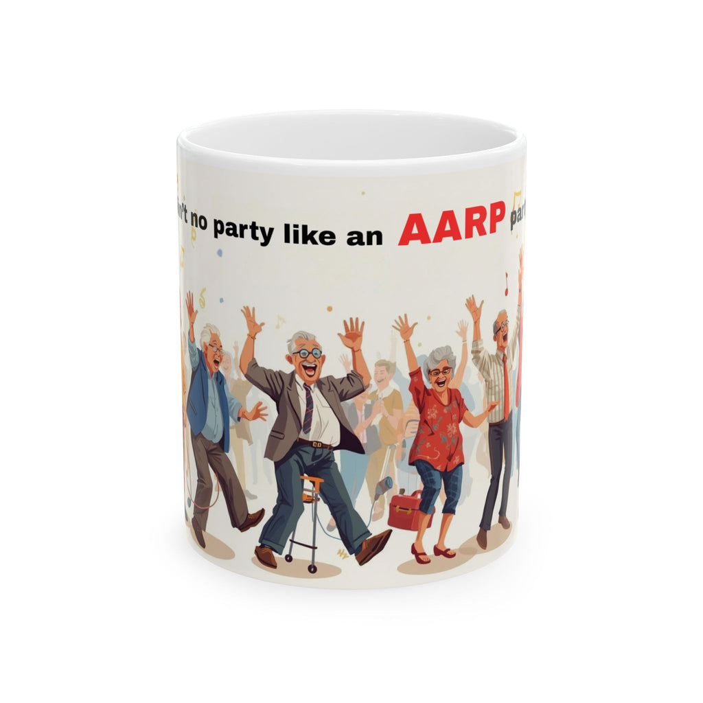 Party-Themed Ceramic Mug, Funny AARP Gift, Celebration Coffee Cup, Aging with Attitude, Retirement Humor Mug, Fun Birthday Present