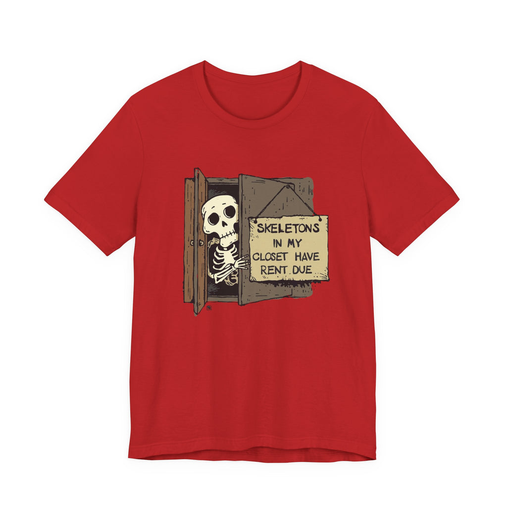Skeletons in My Closet Tee | Funny Unisex Jersey Short Sleeve Shirt for Halloween, Casual Wear, Gift for Friends, Quirky Humor