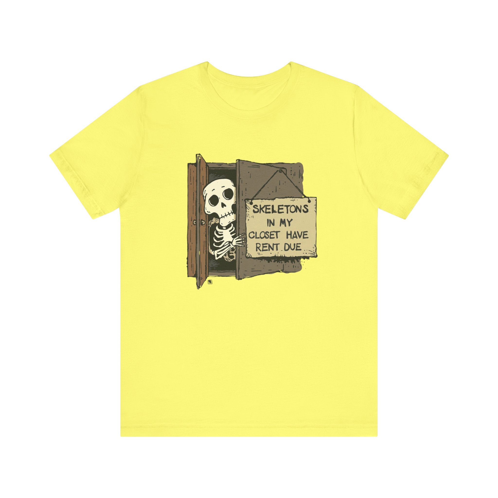 Skeletons in My Closet Tee | Funny Unisex Jersey Short Sleeve Shirt for Halloween, Casual Wear, Gift for Friends, Quirky Humor
