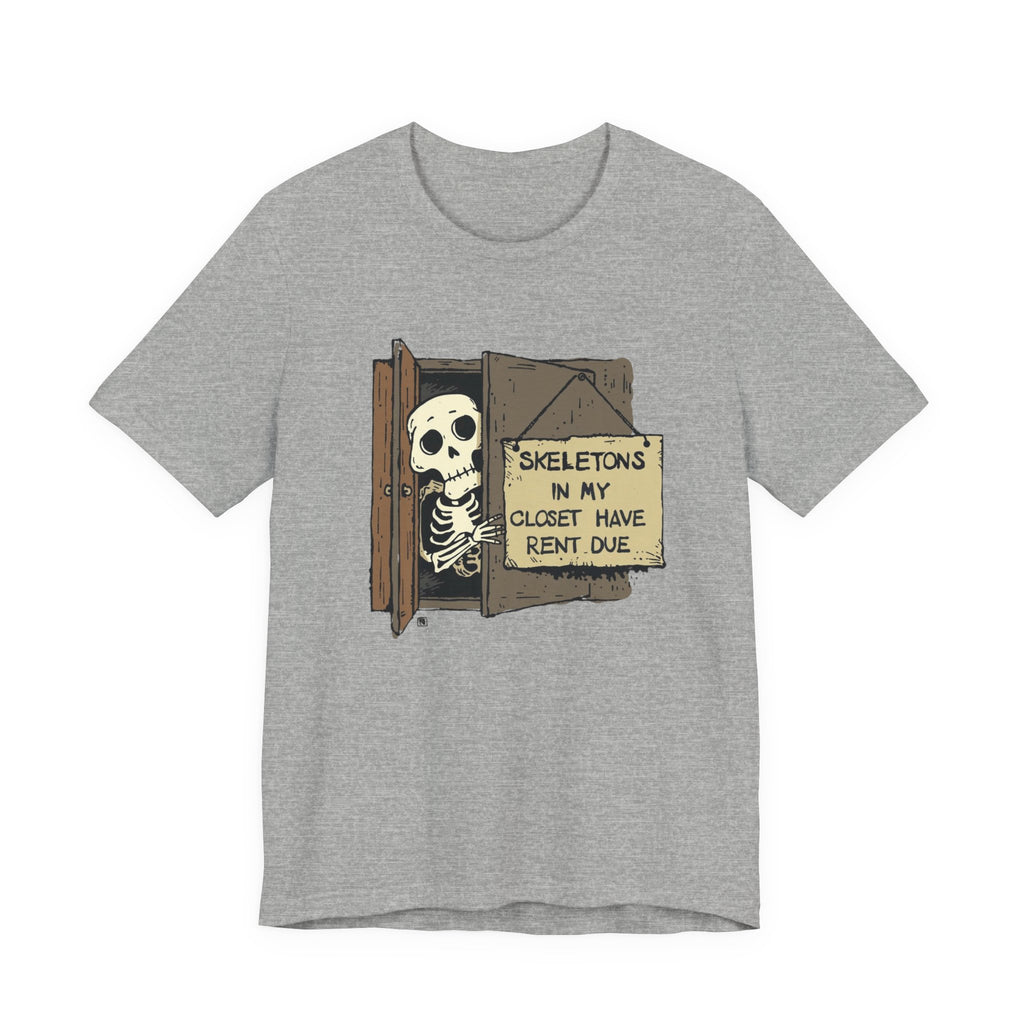 Skeletons in My Closet Tee | Funny Unisex Jersey Short Sleeve Shirt for Halloween, Casual Wear, Gift for Friends, Quirky Humor